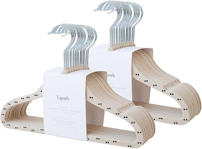 3 Sprouts Velvet Baby Hangers - Non-Slip Hangers for Infant and Toddler Clothes - Slim Space-Saving Design with Nordic Colors for Nursery - 30 Pack - Double Dot & Beige