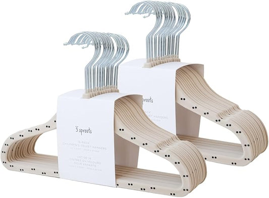 3 Sprouts Velvet Baby Hangers - Non-Slip Hangers for Infant and Toddler Clothes - Slim Space-Saving Design with Nordic Colors for Nursery - 30 Pack - Double Dot & Beige