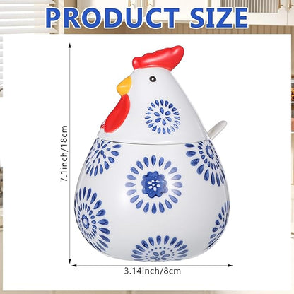 15.8 oz Ceramic Salt Cellar with Lid & Spoon, Large Blue Rooster Design Countertop Storage, Multifunctional Kitchen Jar for Kosher Salt, Pepper, Spices, Herbs, Coffee & More
