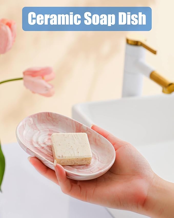 AIMAIAIMAI Ceramic Soap Dish, Marble Pattern Bar Soap Holder - Elegant Hostess Gift, Housewarming Gift for New Home, Decorative Soap Tray for Bathroom, Kitchen (Pink Texture)
