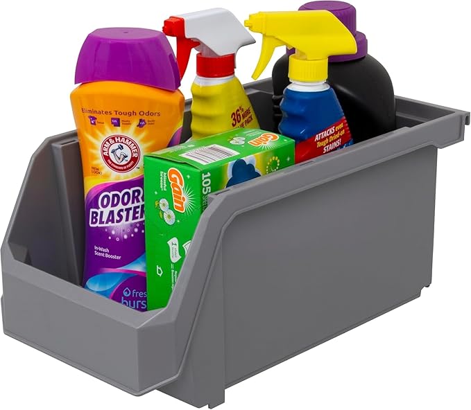 ReadySpace Plastic Containers for Organizing and Storage Bins for Closet, Kitchen, Office, Garage or Pantry Organization, Stackable Bins, Large (14.8" x 8" x 7"), 6-Pack, Grey