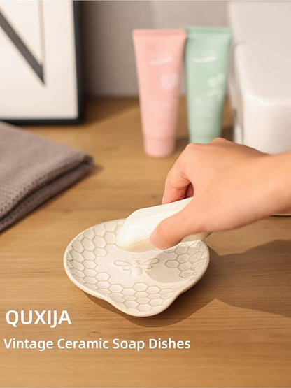 Ceramic Soap Dish, Set of 2 Bar Soap Holder, Shower Soap Dish Soap Saver Tray for Bathroom Kitchen Sink, Stylish and Easy to Clean (Vintage White)