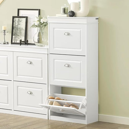 SoBuy White Shoe Cabinet with 3 Flip Drawers, Narrow Freestanding Shoe Rack Entryway, Hidden Slim Shoe Rack with Drawer FSR94-W (9.45" D x 20.87" W x 46" H)
