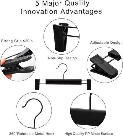 Pants Hangers,Black Clothes Plastic Pant Hangers with 2-Adjustable Anti-Rust Clips Skirt Hangers and 360 Rotatable Hook Trousers Jean Hangers 10 Pack