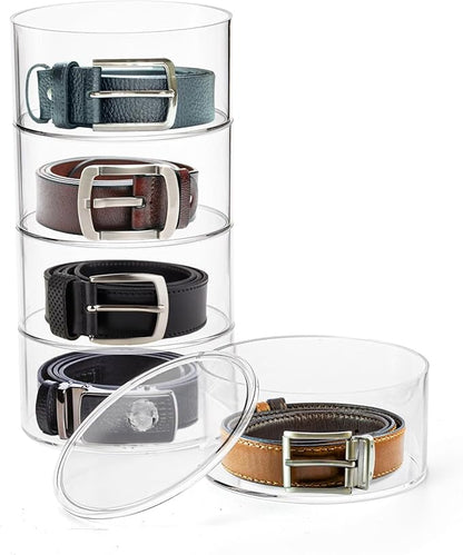 ZENFUN 5 Layers Acrylic Belt Organizer, Stackable Belt Storage Box Clear Display Case Vanity Organizer for Watch, Hair Accessories, Jewelry, Closet and Drawer, 2.6" H x 5.5" Dia