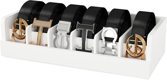 Belt Organizer for Drawer - Bamboo Belt Storage Organizer | Belt Rack for Closet Wall Mount Men Women Tie Sock Bra Scarf Ribbon(White, 6 Grids)