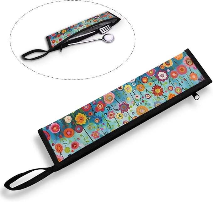 Cutlery Storage Bag Travel Silverware Cloth Bags for Travel Tableware Carrying Bag Travel Silverware Case Utensil Pouch Utensil Case,Floral Field