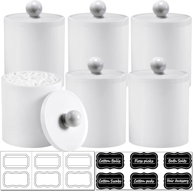 SheeChung 6 Pack White Acrylic Apothecary Jars - Shatterproof Qtip Holder Dispenser Set - Opaque Bathroom Vanity Organizer for Cotton Swabs,Balls,Pads - Modern Minimalist Decor(3*10oz,3*12oz)