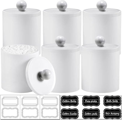 SheeChung 6 Pack White Acrylic Apothecary Jars - Shatterproof Qtip Holder Dispenser Set - Opaque Bathroom Vanity Organizer for Cotton Swabs,Balls,Pads - Modern Minimalist Decor(3*10oz,3*12oz)