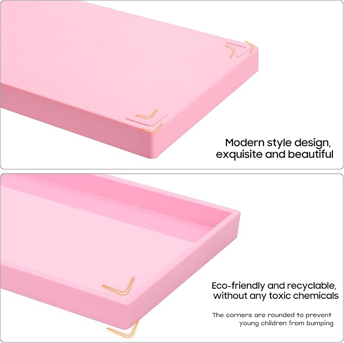 Vanity and Bathroom Tray, 9.8" ABS Countertop Organizer,Waterproof Vanity Tray for Toilet Tank,Perfume,Soap,Keys,Bathroom Accessories,Kitchen and Bath Trays,Non Slip Small Trays,Pink
