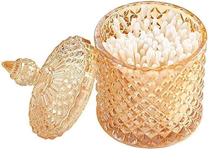 Colorful Home Decorative Jar Qtips Holder Dispenser Glass Storage Container Bathroom Counter Vanity Organizer for Bath Salts/Swabs/Rounds Makeup Sponges Toothpick Jewelry(Amber,20 oz)