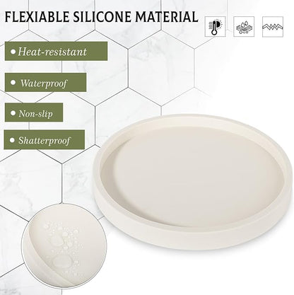 Silicone Bathroom Tray Round Vanity Tray Decorative Soap Holder Kitchen Countertop Organizer Coffee Table Decor for Candle, Perfume, Plant, 10 Inch, Beige