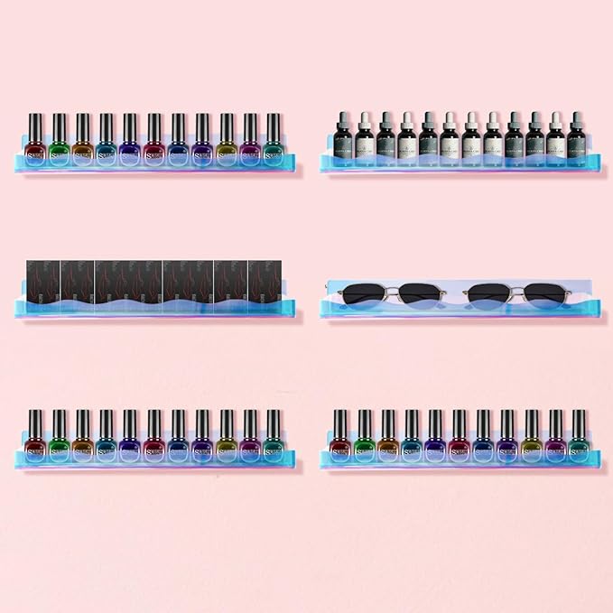 BTremary 15" Nail Polish Rack Wall Mounted Floating Shelves Acrylic Paints Gel Polish Organizer and Storage with End Caps for Kid Room, Books, Nail Techs, Art Lovers, Great Display Salons, Rainbow