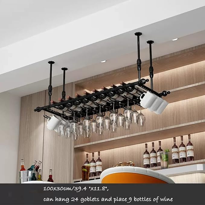 2-in-1 Industrial Wine Rack, 47.3" Adjustable Metal Pipe Wine Bottle Storage Rack with Glass Holders & Shelf, Space-Saving Vertical Installation for Kitchen Bar, Black