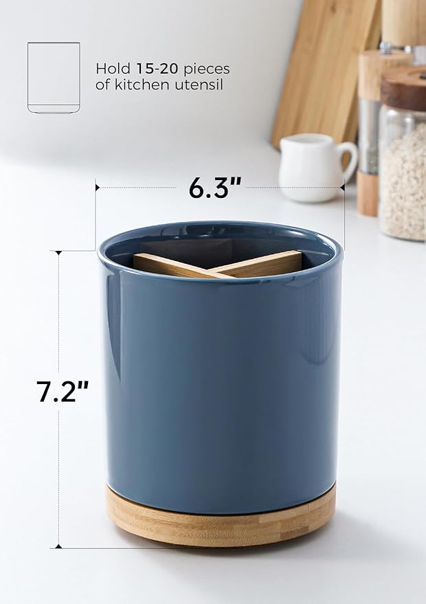 LoeJan 3 Compartment Utensil Holder, Extra Large Utensil Crock, Stable Ceramic Utensil Organizer, Cooking Tool Organizer Set for Kitchen Counter Farmhouse Decor, Blue