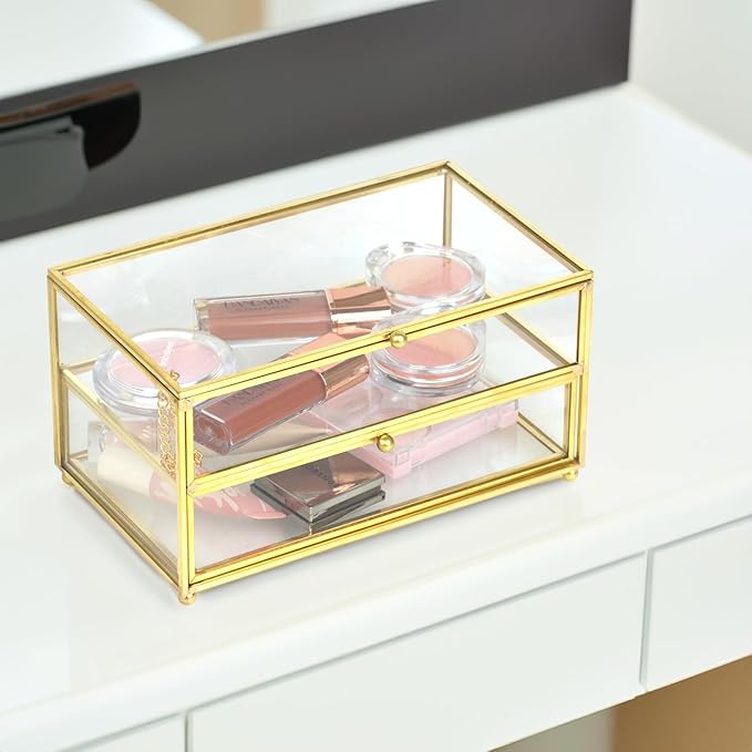 ZEXALOR 2-Tier Vintage Clear Desk Organizer with Drawer,Gold Decorative Storage Boxes,Jewelry Holder Display Tray Trinket Boxes Glass Memory Keepsake Box Dresser Vanity Wedding Decor Gifts(Gold)