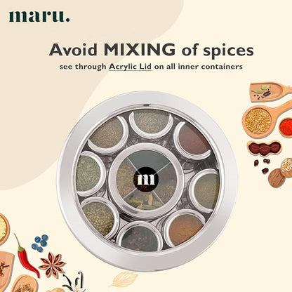 MARU 12 IN 1 Stainless Steel Indian Masala Box with See Through Lids, Elegant Spice box, Masala Dabba with 9 Spice Containers & 4 spoons for Kitchen Rack Organizer, Spice Storage Container for Kitchen