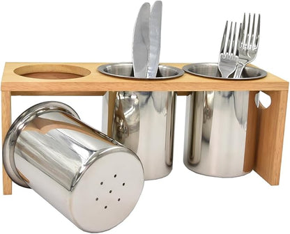 Flatware Caddy Stainless Steel Cutlery Holder with Wood Base, Containers for Kitchen Use