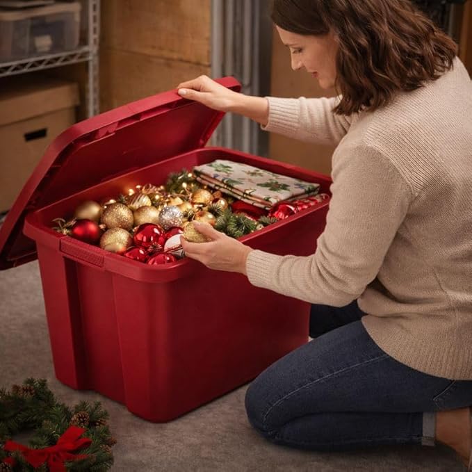 18 Gallon Plastic Storage Tote with Secure Snap-On Lid, Stackable Storage Bin for Linens, Seasonal Decor, Keepsakes & Home Organization (Red)