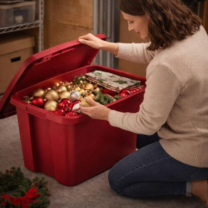 18 Gallon Plastic Storage Tote with Secure Snap-On Lid, Stackable Storage Bin for Linens, Seasonal Decor, Keepsakes & Home Organization (Red)