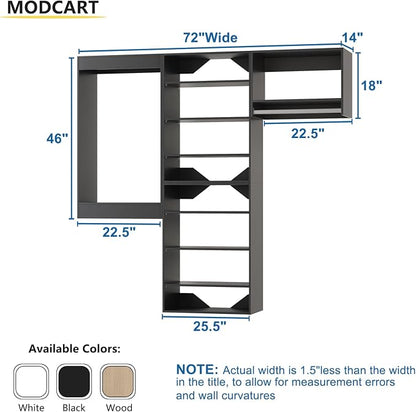 Modular Closet System, 72" Wide Closet Organizer System with Towers and Hanging, Wood Closet Tower Storage for Walk In Closets, Wall Mounted Wardrobe Organizer Kit System, Bedroom, Black