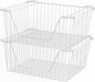 Slideep 14'' Large Stackable Storage Baskets Cabinet Organizer Sturdy Metal Wire Pantry Freezer Bin for Pantry Home Bathroom Kitchen Organization White - 2 Pack
