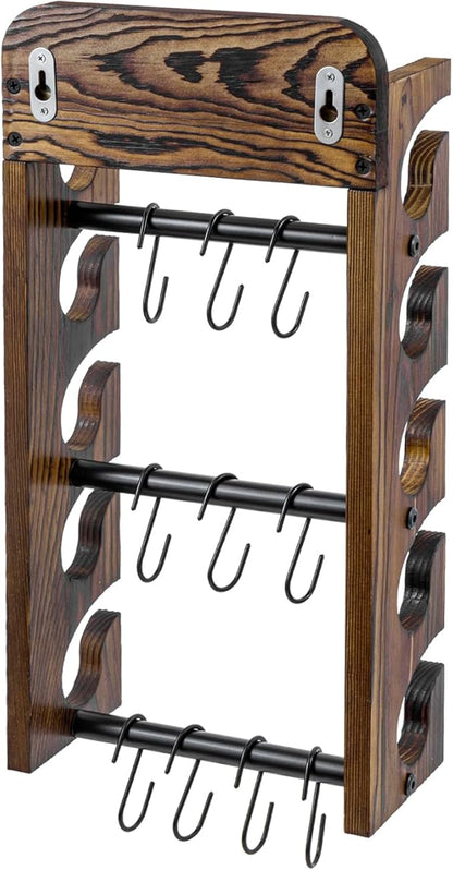 MyGift Baseball Cap Organizer Wall Mounted, Hat Display and Accessories Rack, Baseball Cap Holder with 10 Removable Hanging S-Hooks, Rustic Burnt Solid Wood and Matte Black Metal