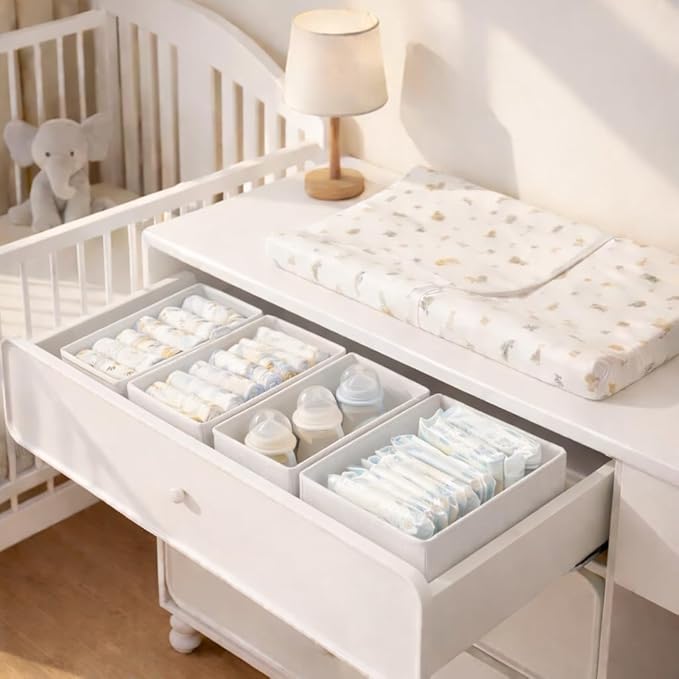 DIMJ Drawer Organizer Clothes - Underwear Organizer Small Sock Organizer Box Dresser Organizer,Drawer Dividers for Baby Clothes,Bra,Socks, Belt, Tie, Set of 6,White