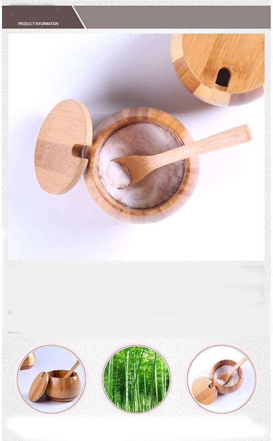 Wood Salt Box Condiment Container Spice Jar Bamboo Salt Sugar Cellar Bowl with Lids and Spoons for Kitchen (Bamboo)