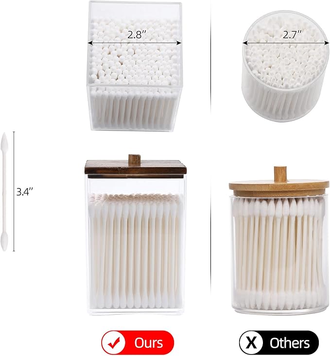 Tbestmax 3 Pack Qtip Holder - 12 oz Bathroom Organizer and Storage Containers, Plastic Square Apothecary Jars with Black Bamboo Lids for Cotton Ball, Cotton Swab, Floss