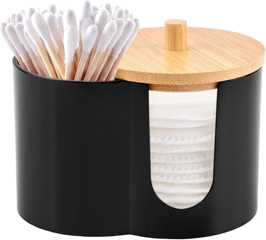 Dual-Compartment Cotton Swab & Pad Organizer with Removable Dustproof Lid, Bathroom Accessories Storage Organizer for Swabs, Cotton-Pads(COLOR:black)