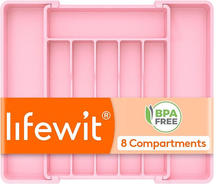 Lifewit Silverware Drawer Organizer, Expandable Utensil Tray for Kitchen, BPA Free Flatware and Cutlery Holder, Adjustable Plastic Storage for Spoons Forks Knives, 10.9"-17.5" x 13.7", Pink