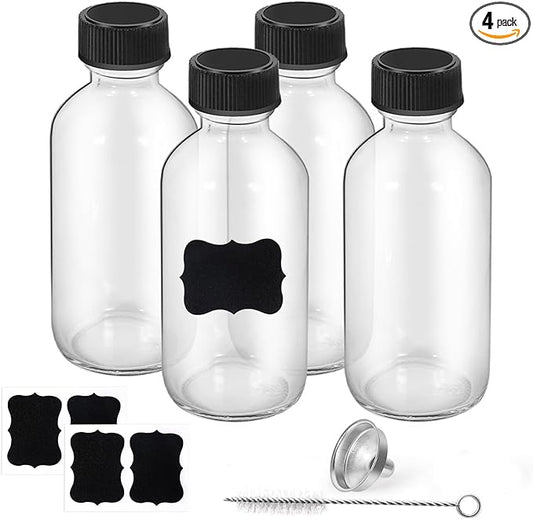 2oz Small Clear Glass Bottles with Lids, 1 Stainless Steel Funnel, 4 Labels,1 Brush - 60ml Reusable Boston Bottle for Juice, Ginger Shot, Wellness, Oils, Whiskey, Liquids - Leakproof Travel Bottle