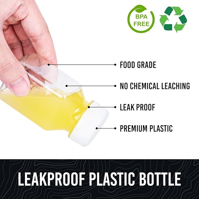 Norcalway 10pcs 2oz Plastic Shot Bottles with Caps - Ginger Shot - Freezer Safe, Leak Proof, BPA Free, Food Grade Small Plastic Travel Bottles with Caps