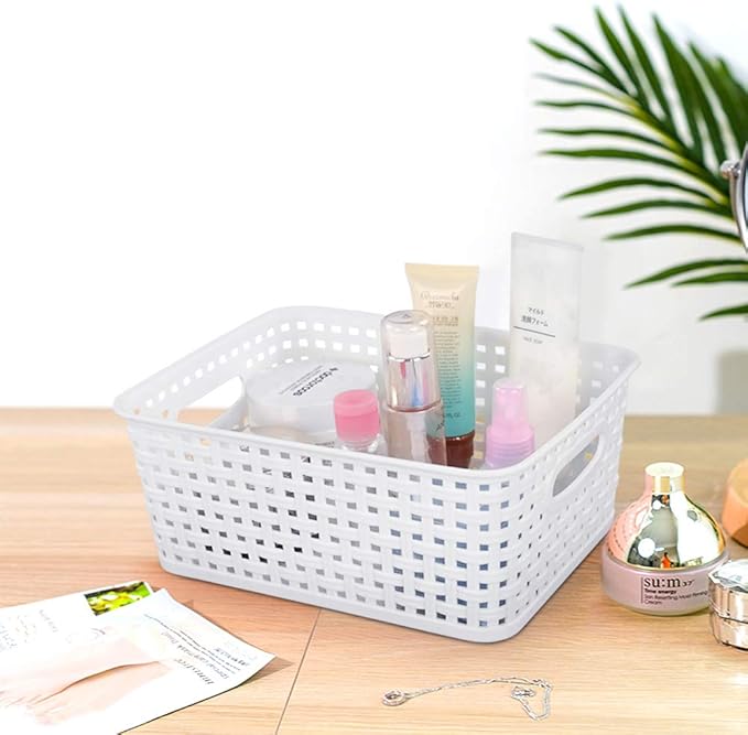 Sandmovie White Plastic Rattan Storage Baskets, 6 Packs