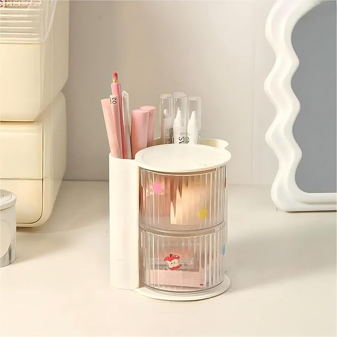 Hair Accessories Organizer with Hair Brush Holder, Rotatable Makeup Brush Holder for Necklaces, Earring, Bracelet, Ring, Makeup Brushes, Hair Clip and Hair Accessories (2 Layer Beige)