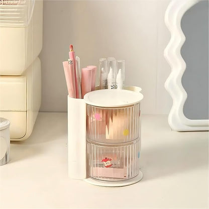Hair Accessories Organizer with Hair Brush Holder, Rotatable Makeup Brush Holder for Necklaces, Earring, Bracelet, Ring, Makeup Brushes, Hair Clip and Hair Accessories (2 Layer Beige)