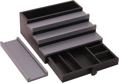 Black Grey Cologne Organizer for Men - 4 Tier Wooden Cologne Display Stand with Drawer and Hidden Compartment, Mens Cologne Perfume Holder Shelf for Organizing and Storing