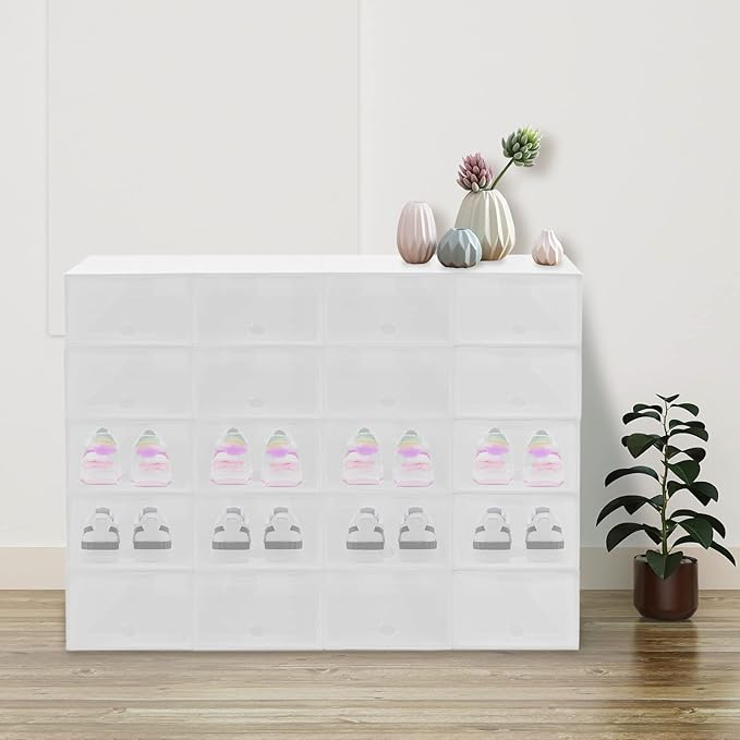 20Pcs Shoe Rack Plastic Box Organizer Stackable Shoe Rack Cabinet Foldable Shoe Storage Organizer Cabinet Portable Shoe Shelves Durable Shoe Organizer for Closet Hallway Bedroom Entryway