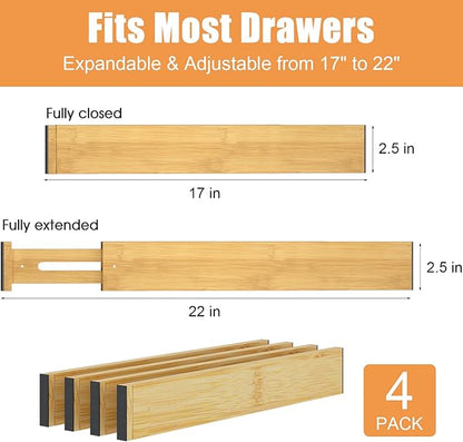 Bamboo Drawer Dividers,17-22" Adjustable Kitchen Drawer Organizer for Clothes,4 Pack Expandable Drawer Organization Separators for Bedroom,Bathroom,Dresser and Office,Natural