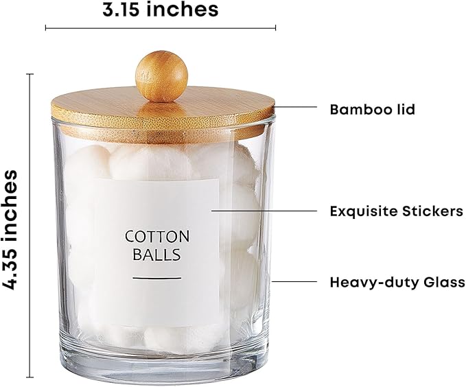 Glass Apothecary Jars with Bamboo Lids for Bathroom Organization, Q tip Holder and Cotton Ball Holder are Great for Farmhouse Decor, Rustic Bathroom Decor-2 Pack