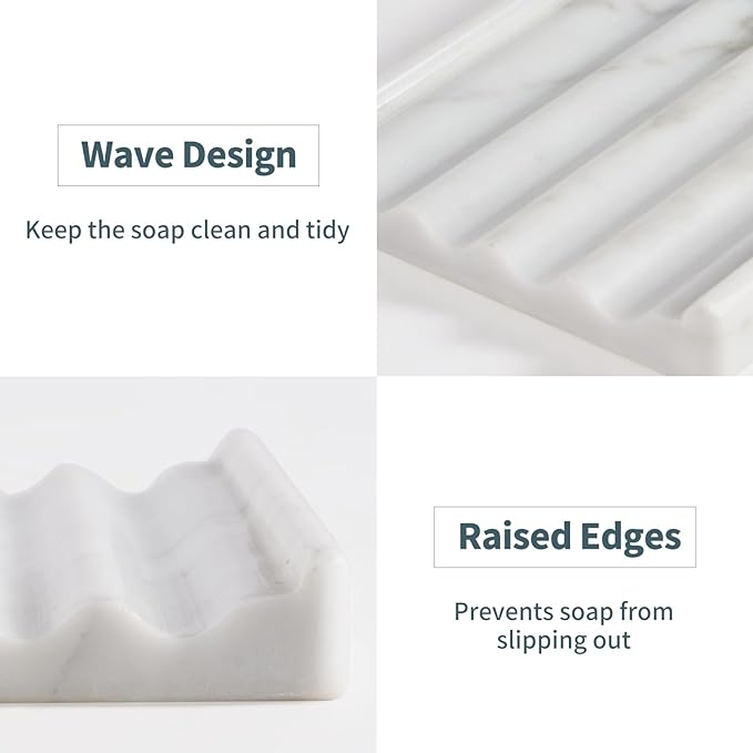 2 Pcs Soap Holder for Bathroom, Marble Soap Dish for Kitchen Countertop, Bathroom Tray with Creative Wavy Design, Soap Saver for Bath Tub, Sponges, Italian Natural Stone(Bianco Carrara)