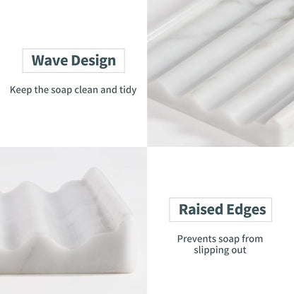 2 Pcs Soap Holder for Bathroom, Marble Soap Dish for Kitchen Countertop, Bathroom Tray with Creative Wavy Design, Soap Saver for Bath Tub, Sponges, Italian Natural Stone(Bianco Carrara)
