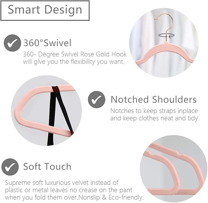 Non-Slip Velvet Hangers - Ultra Thin Space Saving Suit Hanger with 360 Degree Swivel Hook - Strong and Durable Velvet Clothes Hangers - Coat Hangers for a No Hanger Marks (Pink, Pack of 6)