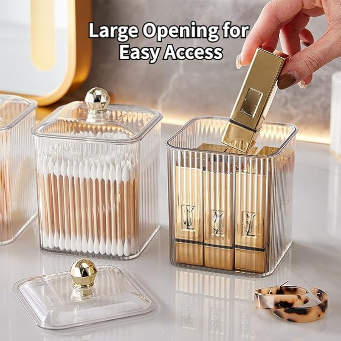 Clear Qtip Holder Dispenser for Cotton Ball and Swab Plastic with Lid Translucent Square Shape Canister Cube Jar for Bathroom Living Room Bedroom Vanity Makeup Organization (Tranparent*2)
