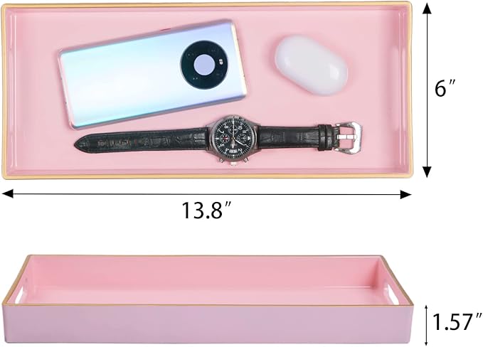 MAONAME Pink Vanity Tray Set of 2, Plastic Decorative Tray with Handles, Long Narrow Trays, Small Bathroom Trays for Toilet Tank, 13.8" X 6" X 1.57"