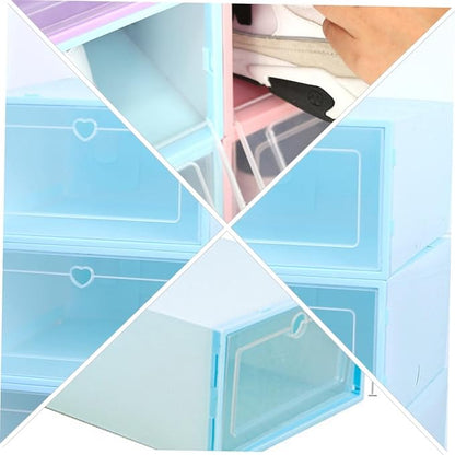 TOYANDONA 6Pcs Plastic Drawer-type Shoes Storage Boxes for Women Transparent Heart Pattern Shoe Organizers with Clamshell Lid Stackable and Reinforced Design Blue