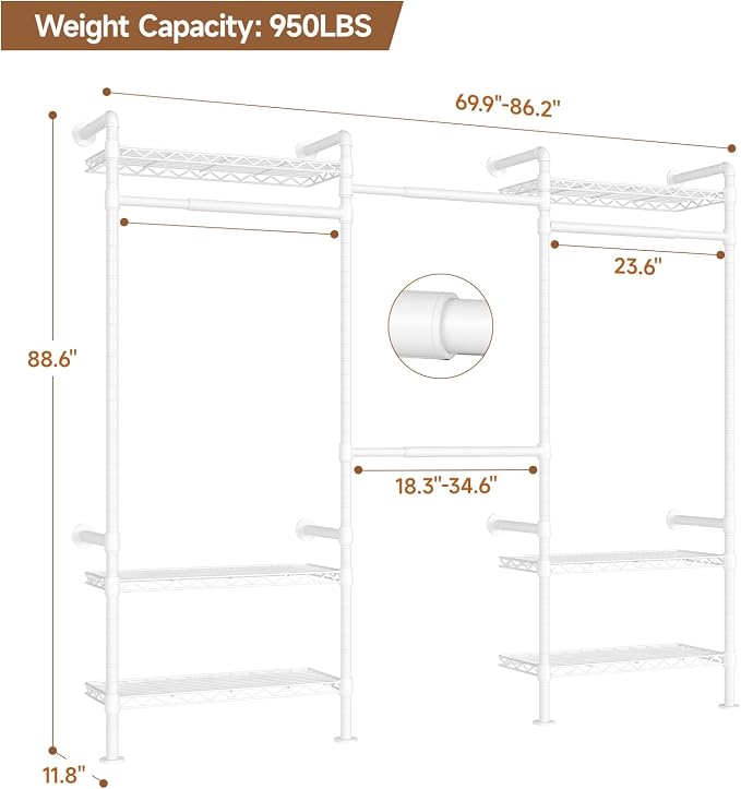 Wall-Mounted 3-Section Closet System, Expandable Industrial Pipe Clothing Rack with 4 Telescopic Rods & 6 Mesh Shelves, Heavy Duty Garment Organizer for Walk-In Closets & Bedrooms, White