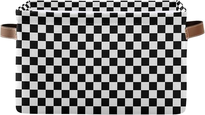 Black White Checkered Pattern Large Storage Basket Cube Storage Bin Canvas Fabric Organizer Handles Collapsible Decorative for Clothes Toys Bedroom