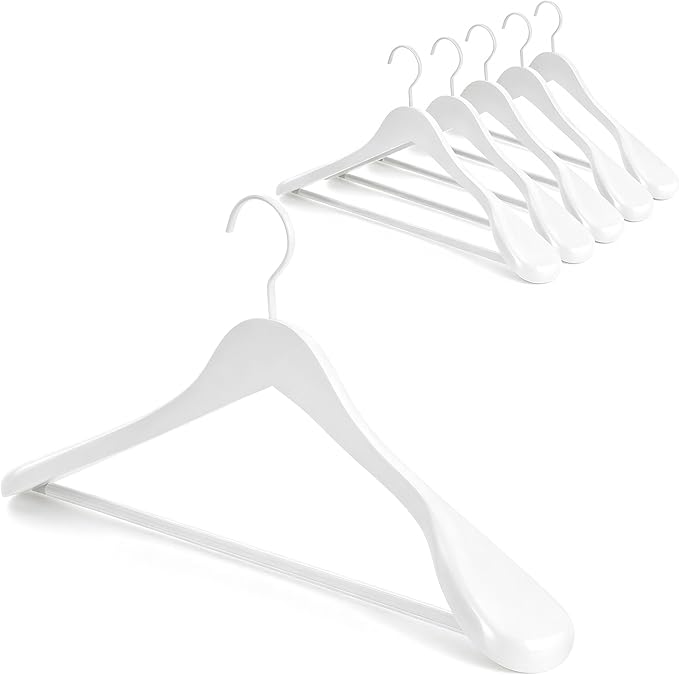 TOPIA HANGER White Wooden Coat Hanger 6 Pack, Wood Suit Hangers,Glossy Finish with Extra-Wide Shoulder, Thicker White Hooks & Anti-Slip Bar,Suitable for Coat, Suit,Dress,Jacket,Heavy Cloth - CT02W